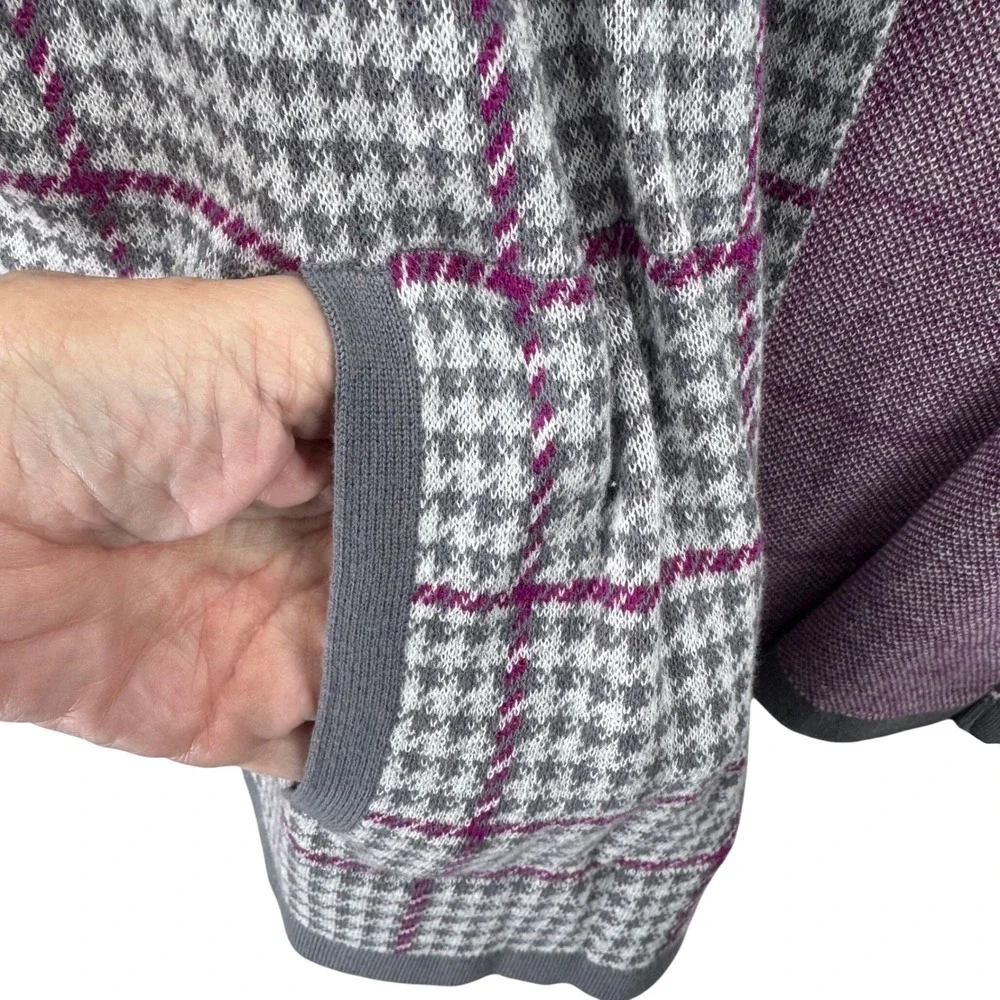 Lands End Cardigan Womens 1X Gray Purple Plaid Houndstooth Open Front Sweater